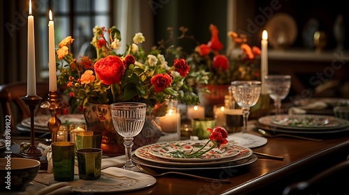 Romantic candlelit dinner table setting with red and orange flowers, elegant glassware, and patterned plates. photo