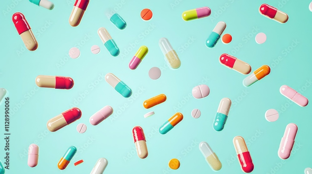 Multi-colored pills and capsules of drugs flying in all directions Multi-colored pills and capsules of drugs flying in all directions