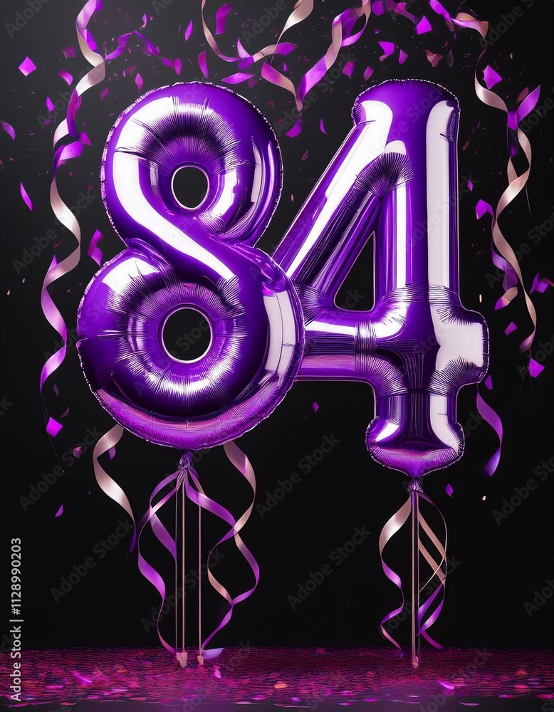 Fototapeta premium Purple birthday / anniversary balloon, number 84, black background with confetti