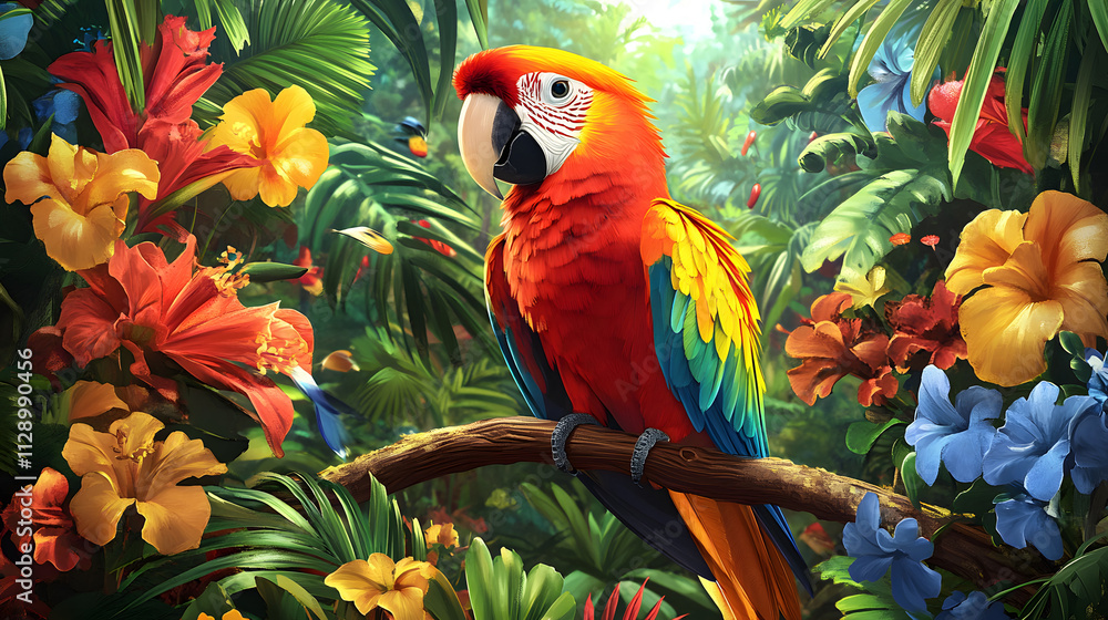 Fototapeta premium A cartoon parrot perched on a branch surrounded by tropical flowers in a jungle setting.