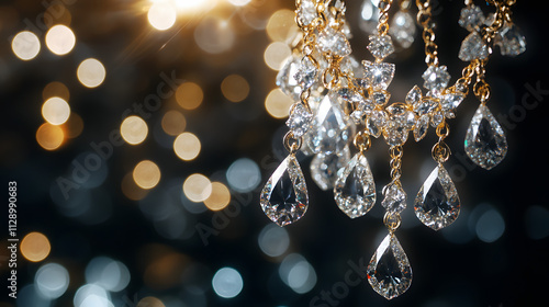 A cascading chandelier necklace with glittering gemstones under dramatic lighting. photo