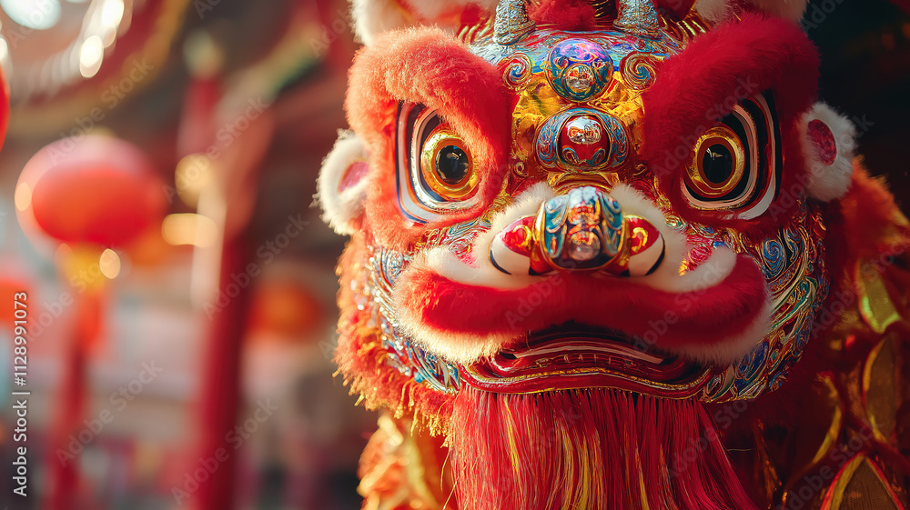 Close-up view of a lion dance performance, symbolizing good fortune in Chinese traditions Close-up view of a lion dance performance, symbolizing good fortune in Chinese traditions