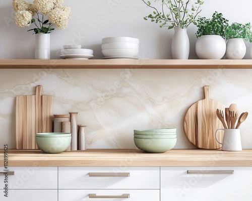 Kitchen with white cabinets and beige marble backsplash