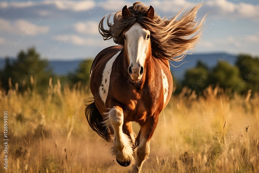 Majestic chestnut and white horse galloping through a golden field, mane and tail flowing in the wind. Majestic chestnut and white horse galloping through a golden field, mane and tail flowing in the wind.
