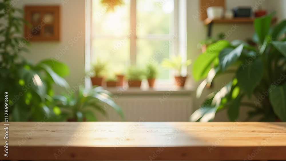 Sunlit Indoor Space with Wooden Table and Lush Green Plants Sunlit Indoor Space with Wooden Table and Lush Green Plants
