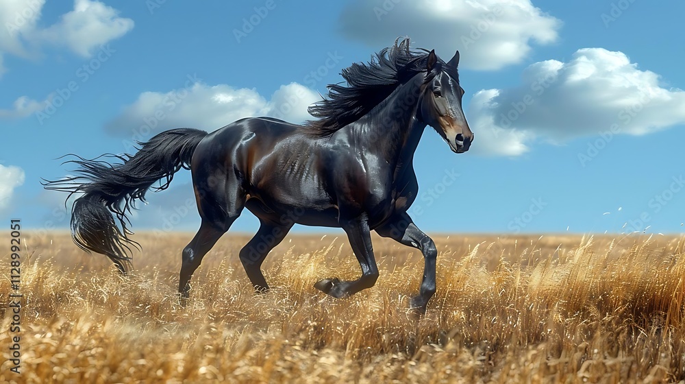 Black stallion running freely in a golden field under a blue sky. Black stallion running freely in a golden field under a blue sky.