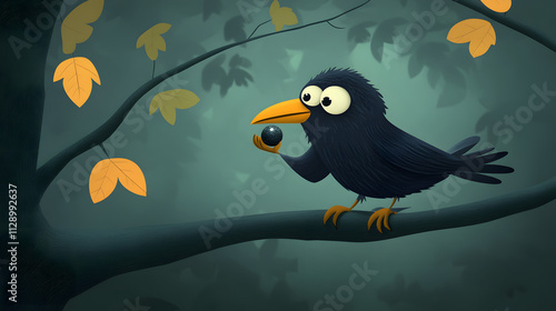 A clever cartoon crow holding a shiny object in its beak on a tree branch.