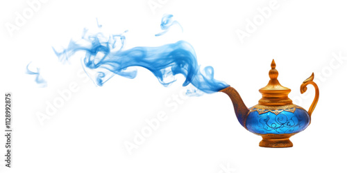 Magic lamp releasing blue smoke in a fantasy theme isolated on a transparent background for web banner creative use.