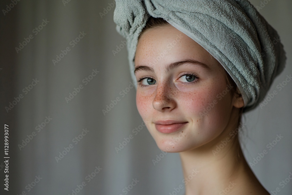A young woman with a towel wrapped around her head, isolated in front of a plain backdrop, smiling gently, with natural light casting soft reflections on her skin, showing peaceful energy 1 A young woman with a towel wrapped around her head, isolated in front of a plain backdrop, smiling gently, with natural light casting soft reflections on her skin, showing peaceful energy 1