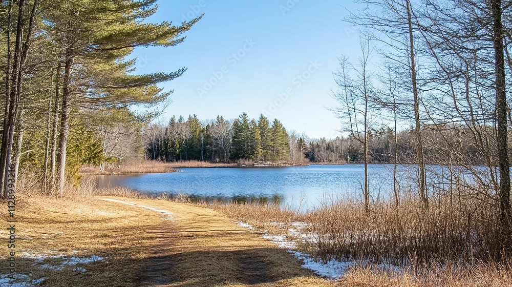 Obraz premium Winter Landscape of New England Style Park with Lake in Distance, Dirt Trail, Leafless Trees, Serene Winter Scenery