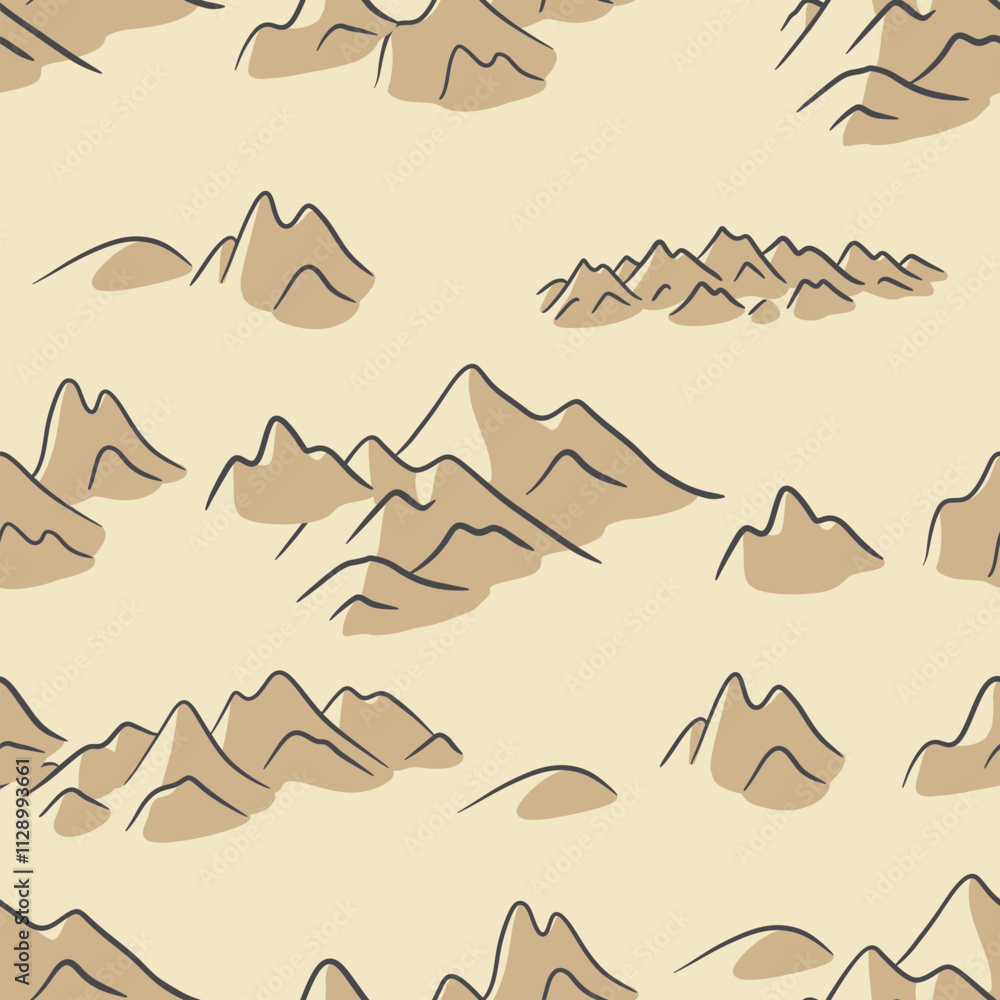 Fototapeta premium Hand drawn mountain seamless pattern. Landscape pattern. Vector illustration. Map of the area. Hills top view