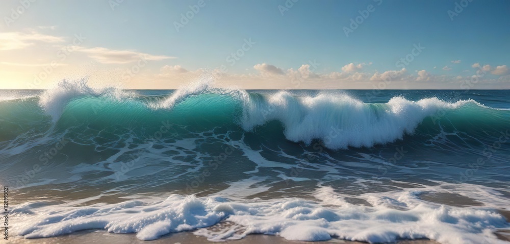 Rolling ocean waves with foamy crests on a bright blue sky, water texture, foamy crest Rolling ocean waves with foamy crests on a bright blue sky, water texture, foamy crest