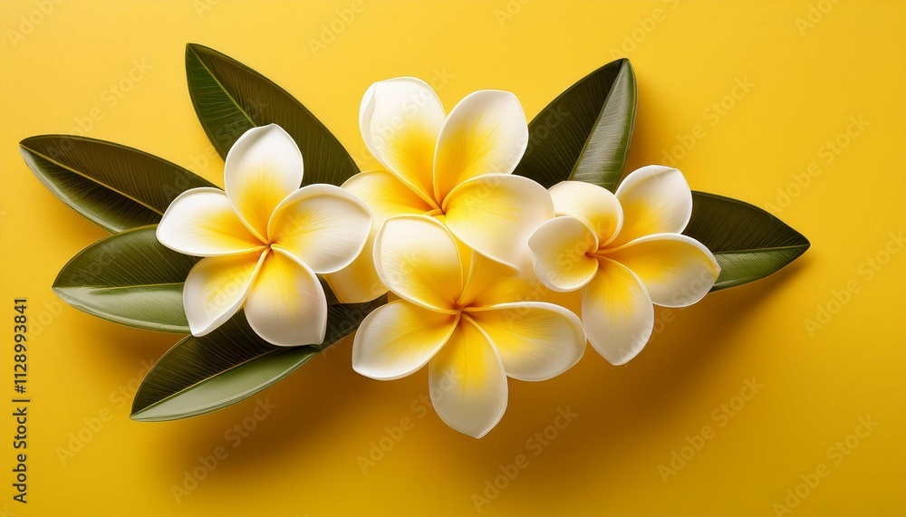 medium shot frangipani flower on yellow background