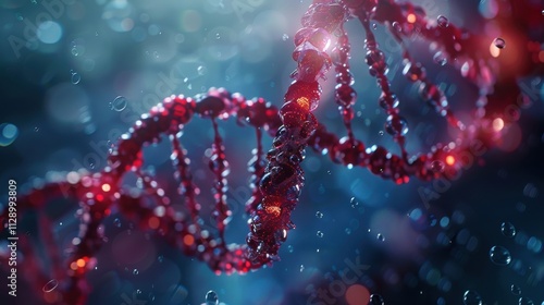 Elegant spiral of rainbow DNA double helix with light bokeh and bubbles, creating a serene blue scene