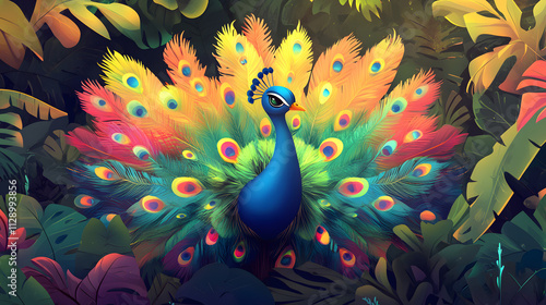 A colorful cartoon peacock spreading its vibrant feathers in a tropical garden.