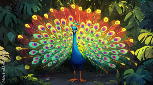 A colorful cartoon peacock spreading its vibrant feathers in a tropical garden.