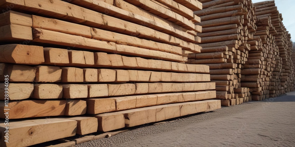 Neatly organized lumber yard, planks and logs, wooden, piles, storage Neatly organized lumber yard, planks and logs, wooden, piles, storage