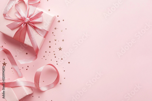 Elegant pink gift boxes with ribbons and golden stars on soft pink background create festive atmosphere. Perfect for celebrations and special occasions