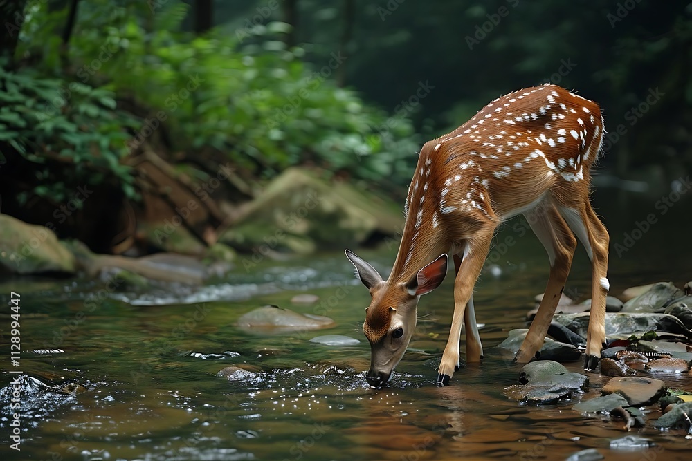 A young deer drinks from a forest stream. A young deer drinks from a forest stream.