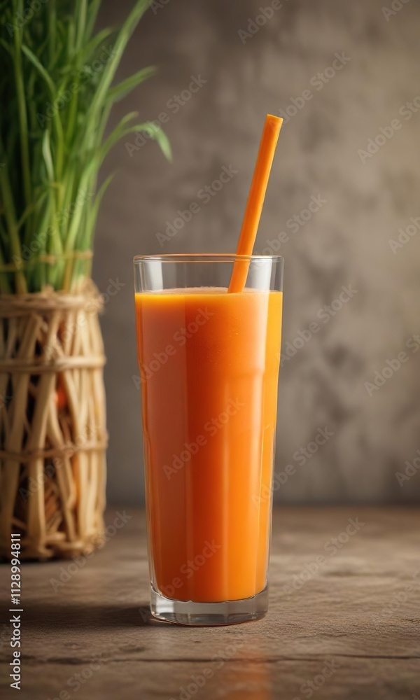 Glass of fresh carrot juice, sustainable bamboo straw, minimal, still life, vegetable Glass of fresh carrot juice, sustainable bamboo straw, minimal, still life, vegetable