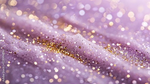 Glittering purple texture with gold sparkles and bokeh lights.
