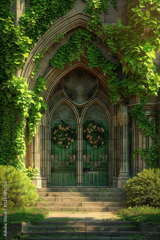 Fototapeta premium Enchanting Gothic Doorway in a Lush Garden