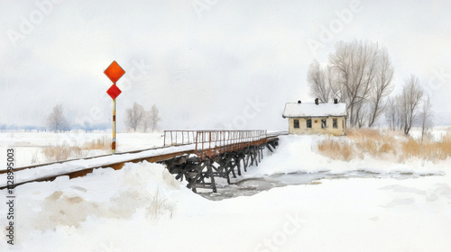 snow covered train trestle spans frozen river, with quaint building nearby. scene evokes serene winter atmosphere photo