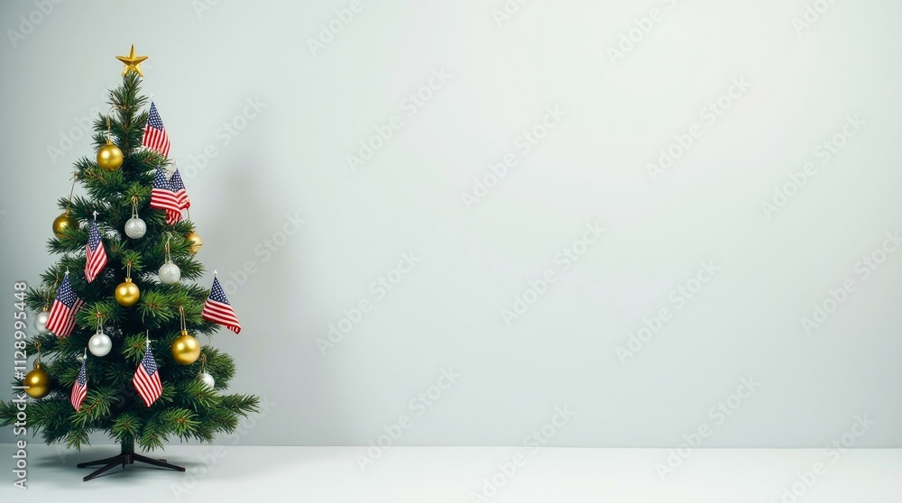 Festive christmas tree decorated with american flags and golden ornaments at light background with space for text. Festive christmas tree decorated with american flags and golden ornaments at light background with space for text.