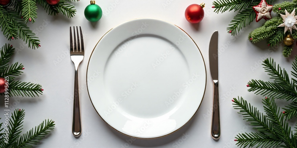 Christmas banner featuring a dinner table setting frame with an empty plate, cutlery, Christmas toys, and a fir tree, set against a winter holidays background with copy space for texts. Christmas banner featuring a dinner table setting frame with an empty plate, cutlery, Christmas toys, and a fir tree, set against a winter holidays background with copy space for texts.