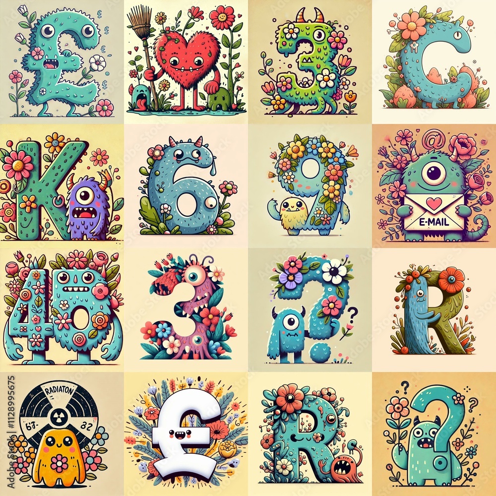 Fototapeta premium Cartoon Flowers Monster Lettering Typeface. AI generated illustration