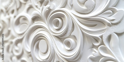 The image is a close up of a white wall with a pattern of swirls and curves