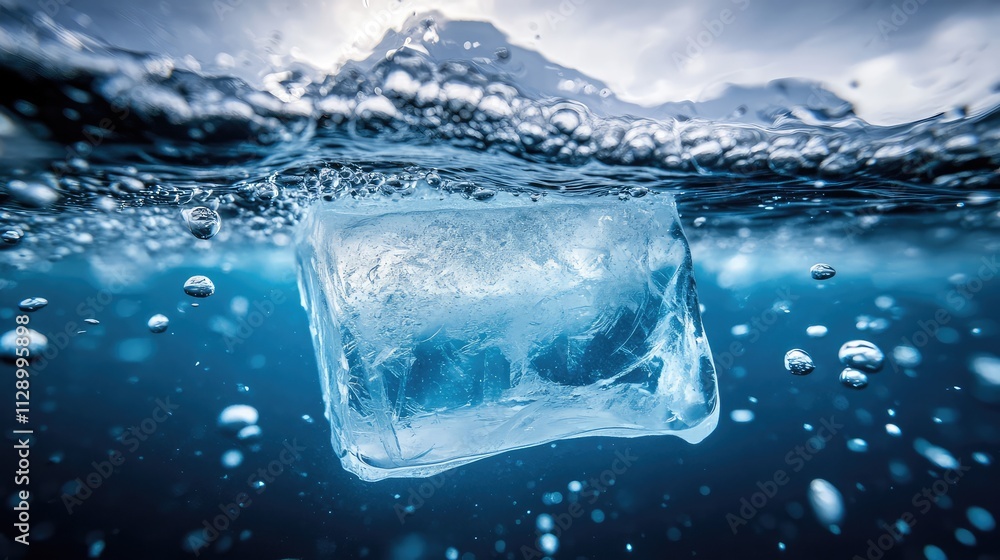 A partially melted ice block underwater, surrounded by tiny swirling air bubbles and soft blue light tones A partially melted ice block underwater, surrounded by tiny swirling air bubbles and soft blue light tones