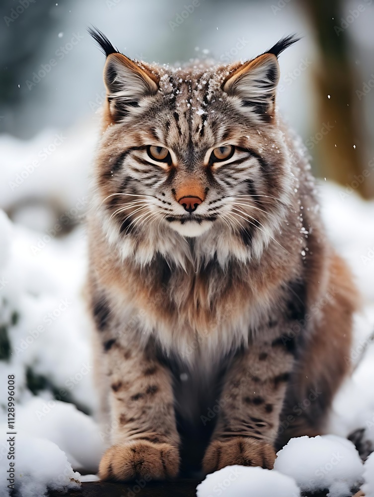 A majestic lynx sits in the snow, staring intensely at the camera. A majestic lynx sits in the snow, staring intensely at the camera.