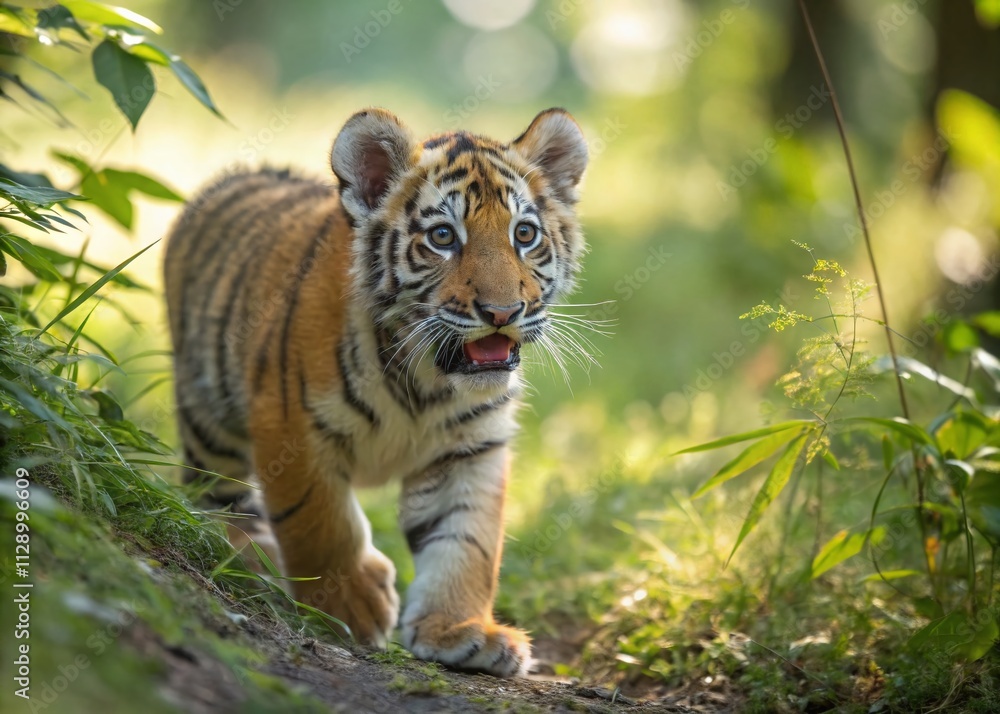 Enchanting Portrait of a Playful Little Tiger in a Lush Green Jungle Setting, Capturing Its Whiskers, Stripes, and Curious Expression Against a Vibrant Natural Background Enchanting Portrait of a Playful Little Tiger in a Lush Green Jungle Setting, Capturing Its Whiskers, Stripes, and Curious Expression Against a Vibrant Natural Background