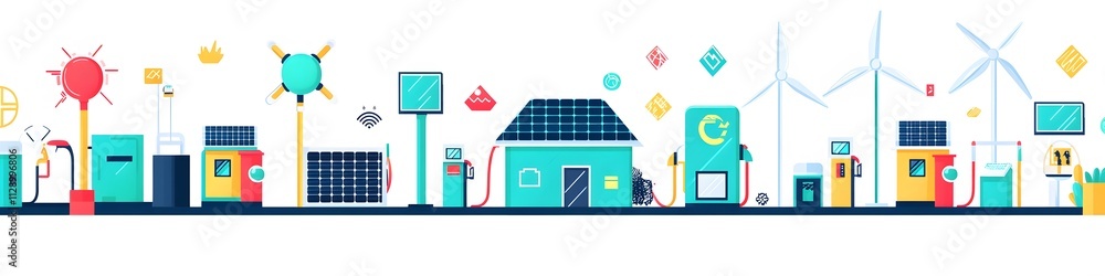 A playful layout of solar rooftops, green fuel pumps, and wind farm icons, illustrated with bright, eco-friendly colors. Vector art, 4k resolution, white background A playful layout of solar rooftops, green fuel pumps, and wind farm icons, illustrated with bright, eco-friendly colors. Vector art, 4k resolution, white background
