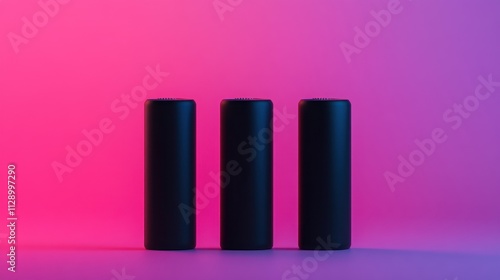 Three sleek black cylindrical objects are arranged against a vibrant gradient background of pink and blue hues, creating a modern aesthetic.