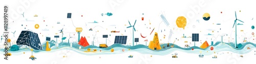 A dynamic arrangement of solar farms, offshore wind turbines, and eco-friendly innovations, depicted in an interconnected layout. Vector art, 4k resolution, white background photo