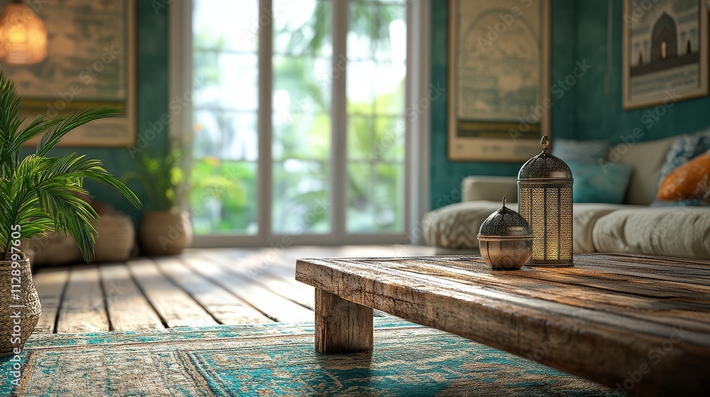 Sunlit living room with rustic wooden coffee table, teal rug, and Moroccan decor.