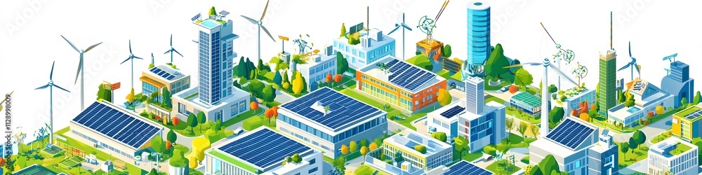 A vibrant array of sustainable energy solutions, including rooftop solar panels, micro wind turbines, and green urban layouts. Vector art, 4k resolution, white background