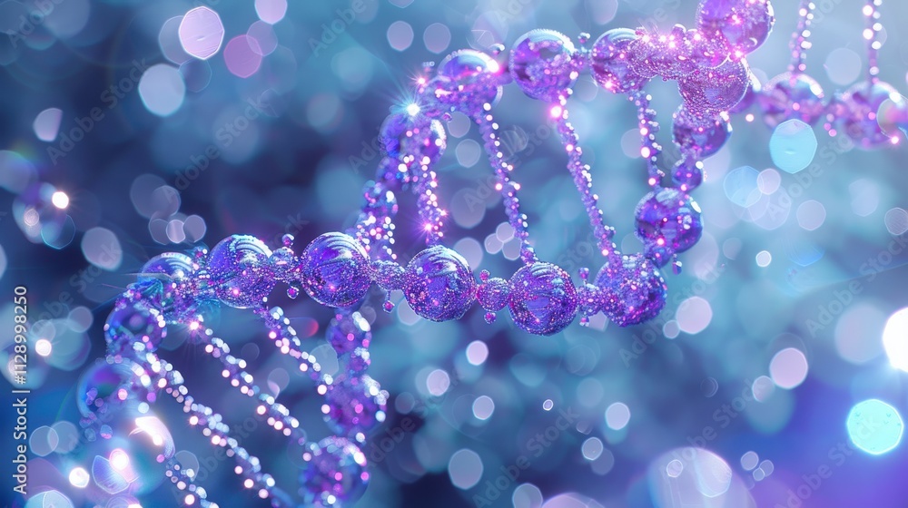 Elegant spiral of rainbow DNA double helix with light bokeh and bubbles, creating a serene blue scene Elegant spiral of rainbow DNA double helix with light bokeh and bubbles, creating a serene blue scene