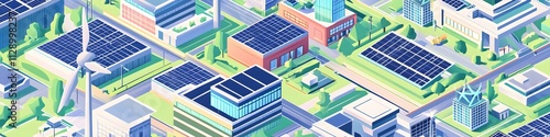 A vibrant array of sustainable energy solutions, including rooftop solar panels, micro wind turbines, and green urban layouts. Vector art, 4k resolution, white background photo