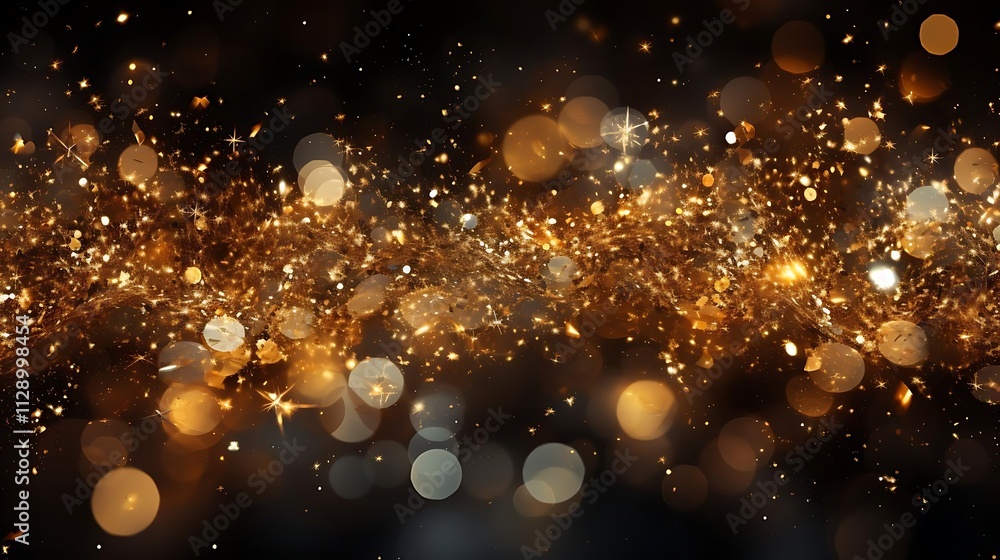 Golden sparkles and bokeh lights on black background. Golden sparkles and bokeh lights on black background.