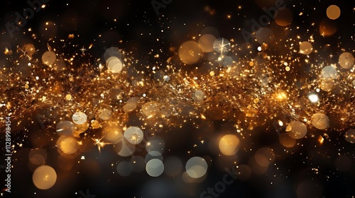 Golden sparkles and bokeh lights on black background.