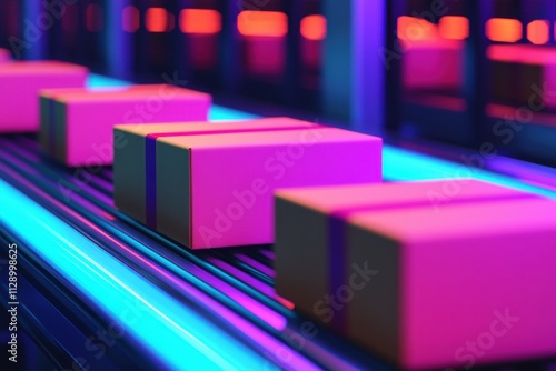 A vibrant, futuristic scene showcasing packages on a conveyor belt illuminated by colorful neon lights.