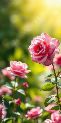 Beautiful blooming pink roses in a lush garden during sunny daylight hours