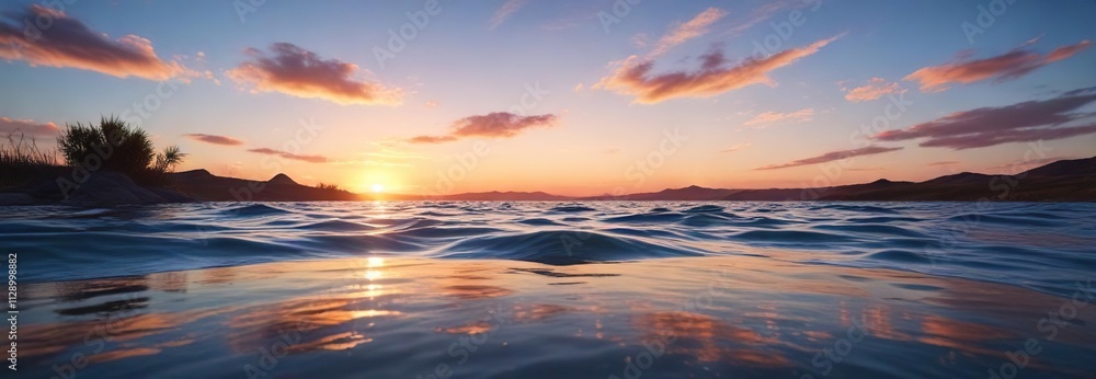 Tranquil water flows beneath a vast expanse of blue sky at sunset, landscape, soothing Tranquil water flows beneath a vast expanse of blue sky at sunset, landscape, soothing
