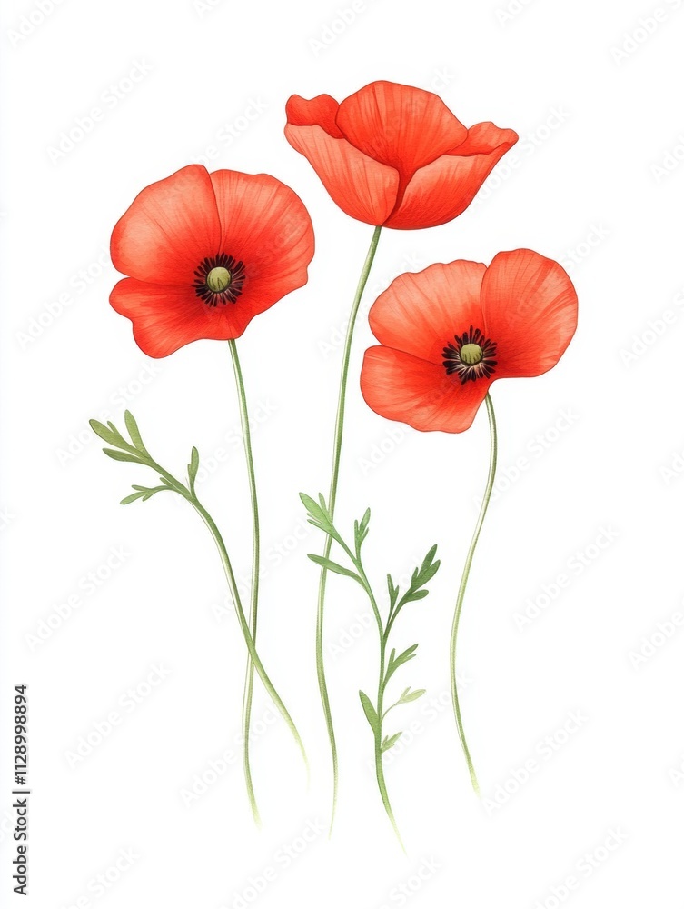Obraz premium Three vibrant red poppy flowers with delicate petals and green stems, beautifully illustrated against a white background.