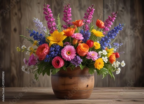 Vibrant spring flowers arranged in a rustic wooden vase , nature, natural charm, wildflowers