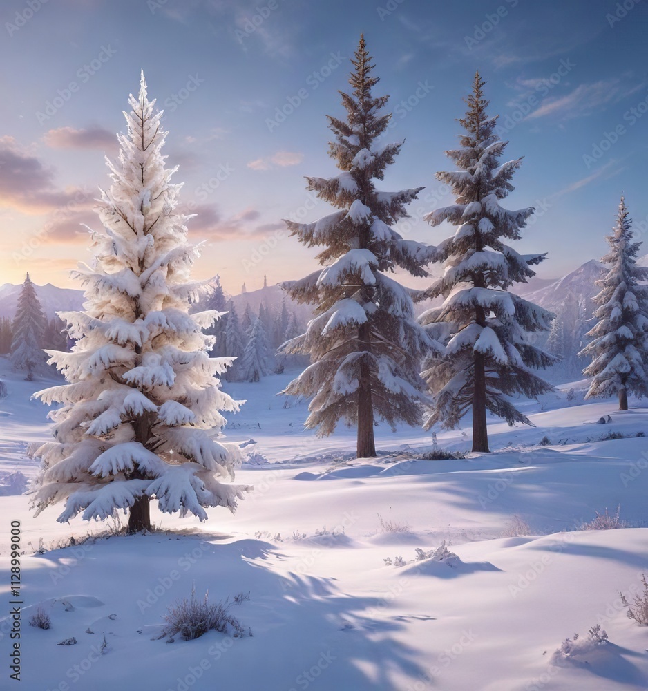 The magic of winter brings a snowy field and towering white Christmas tree, frozen ground, snowy field, frosty air The magic of winter brings a snowy field and towering white Christmas tree, frozen ground, snowy field, frosty air