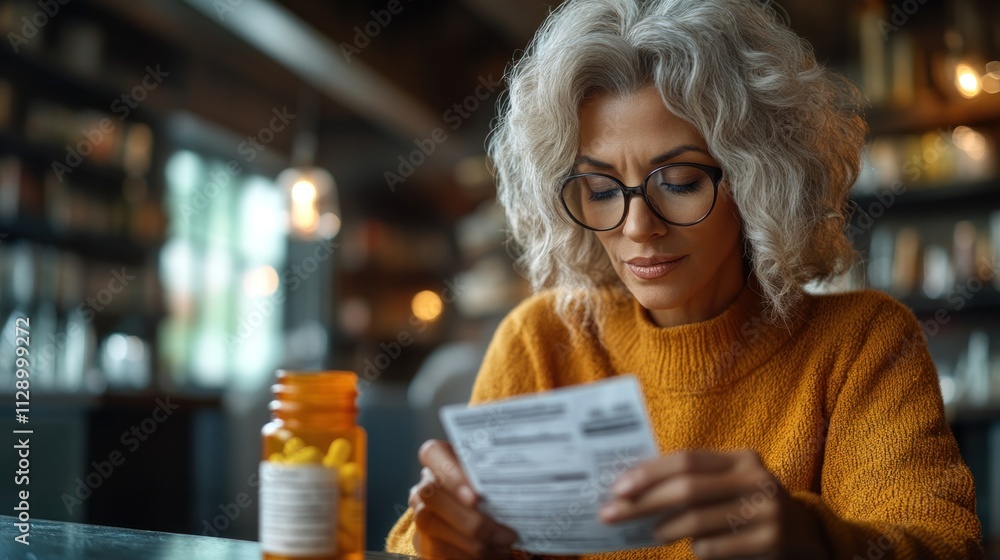 woman with curly, silver hair sits at a table in a cafe, focused on reading the instructions of a prescription bottle. Warm lighting and books create a comfortable atmosphere woman with curly, silver hair sits at a table in a cafe, focused on reading the instructions of a prescription bottle. Warm lighting and books create a comfortable atmosphere